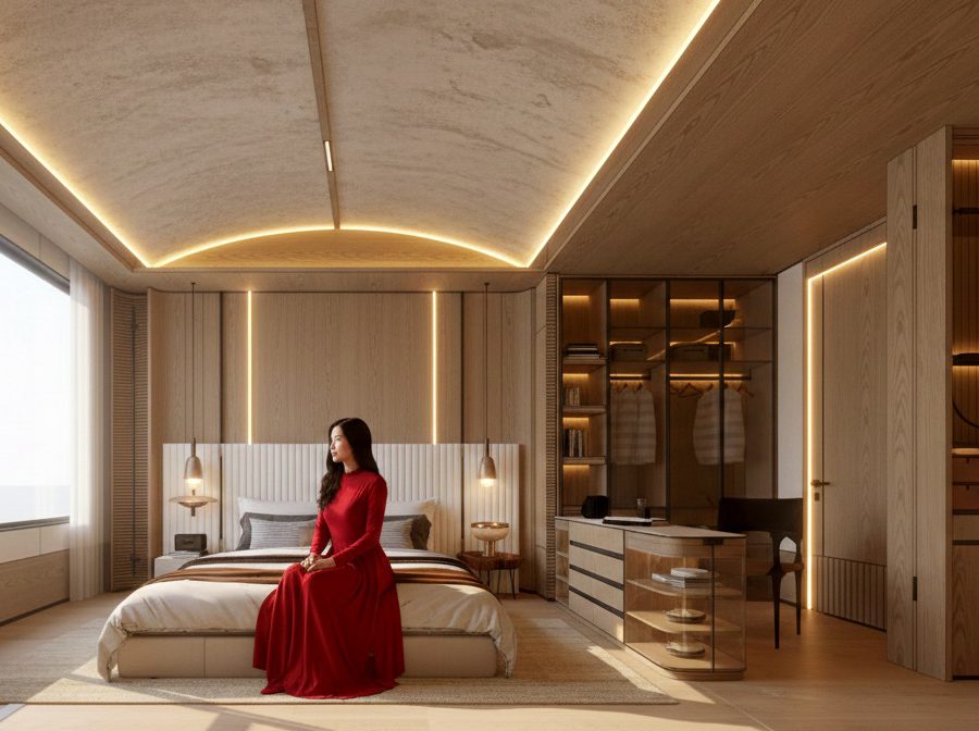 Contemporary Bedroom Interior SketchUp Model Free Download – Warm LED Ceiling Design SU Model 1018