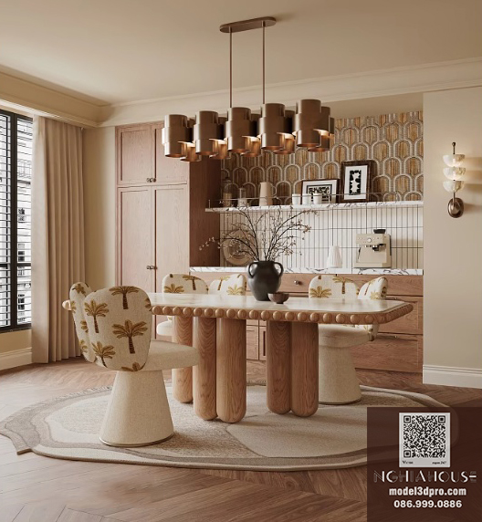 Luxury Wooden Dining Set 3D Model - Chubby Table & Palm Pattern Chairs Free Download_8162