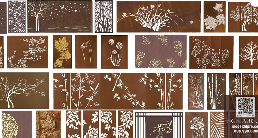 Decorative Metal Screen Panel 3D Model Free Download – Laser Cut Garden Wall Design for 3ds Max_1865