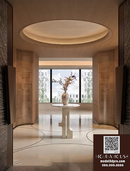 Modern Luxury Entryway Hallway 3D Model Free Download – Elegant Foyer Console Table & Decorative Vase Interior Design, 3ds Max Model_3449