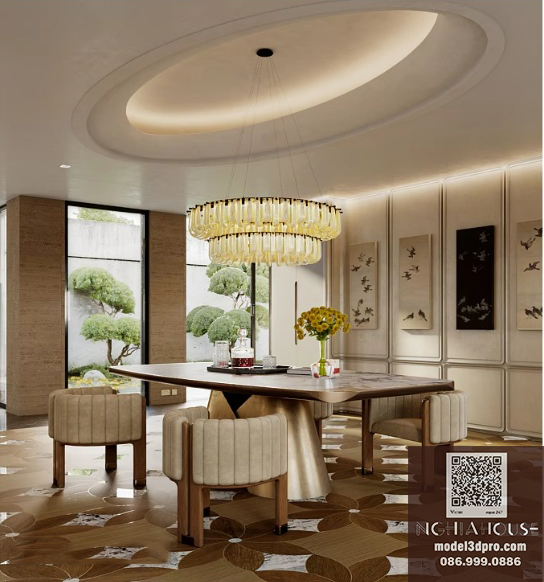 Luxury Dining Room Interior 3D Model – Modern Dining Table, Upholstered Chairs & Elegant Chandelier 3ds Max Corona_9672