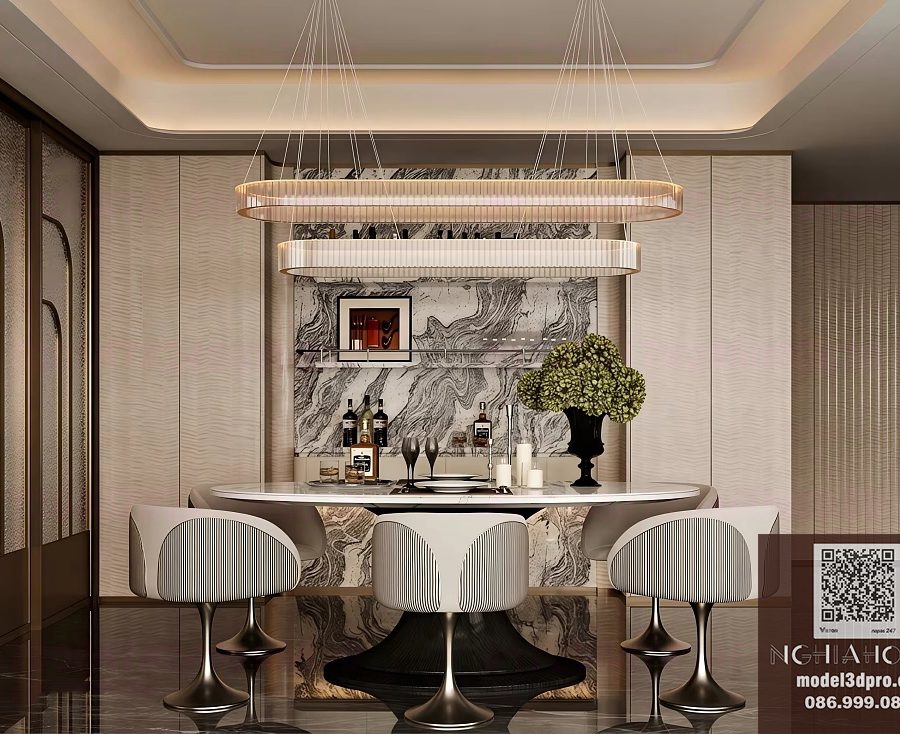 Luxury Modern Dining Room Interior Design 3ds Max Model – Marble Dining Table, Designer Chairs, Corona Render_0159