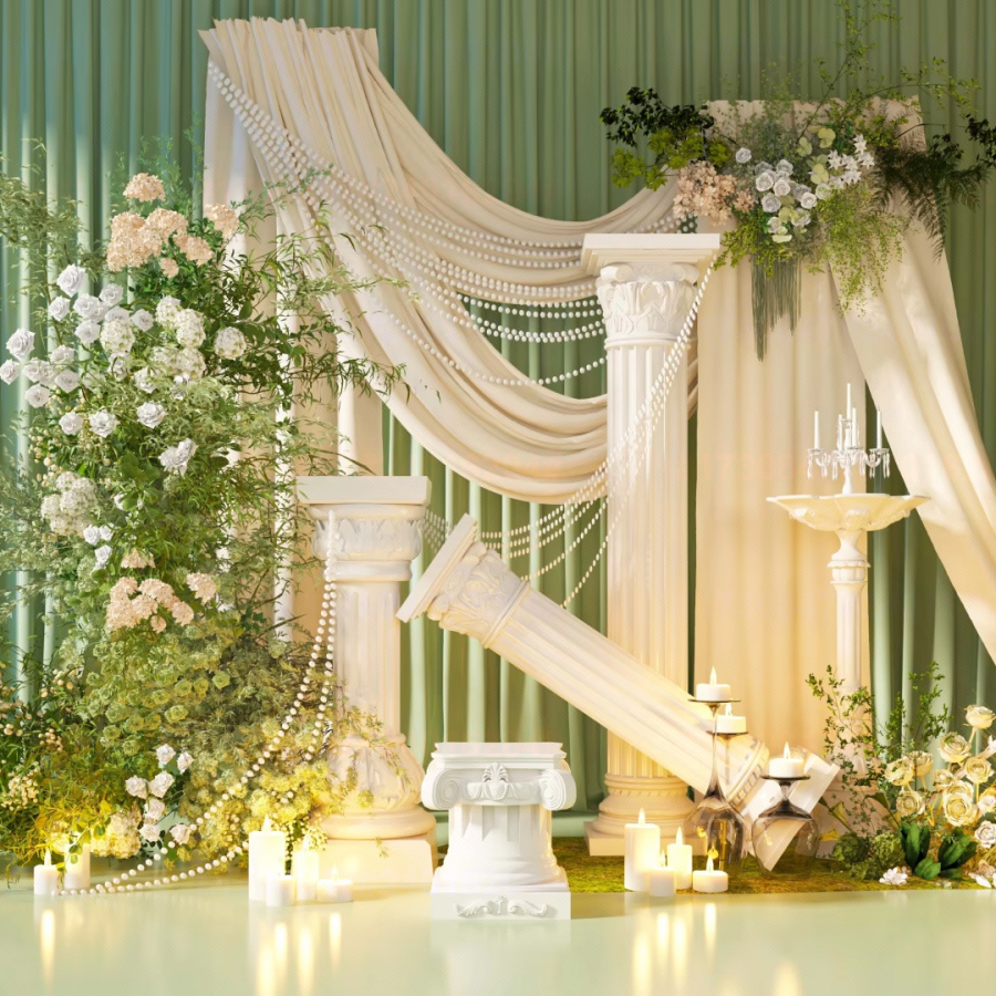 Luxury Wedding Stage Decoration 3D Model Floral Backdrop & Classical Roman Columns for 3ds Max_3977