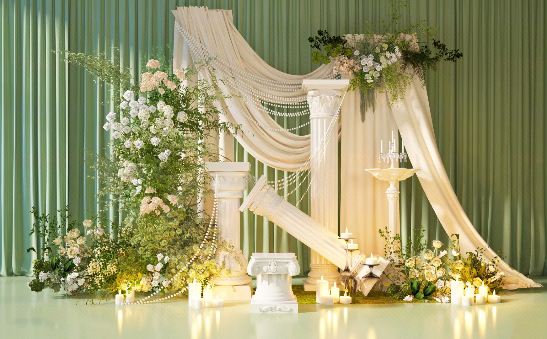 Luxury Wedding Stage Decoration 3D Model Floral Backdrop & Classical Roman Columns for 3ds Max_3977