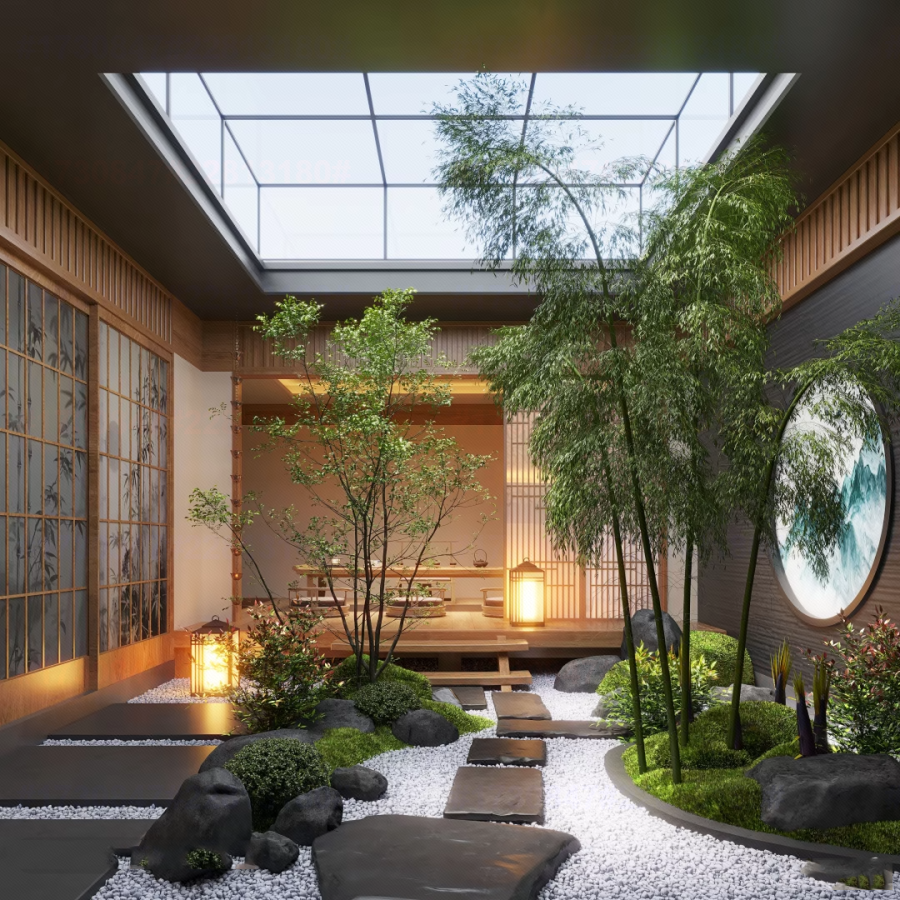 Modern Japanese Courtyard Garden 3D Model – Zen Atrium Landscape with Bamboo, Rocks & Moss SketchUp_5296